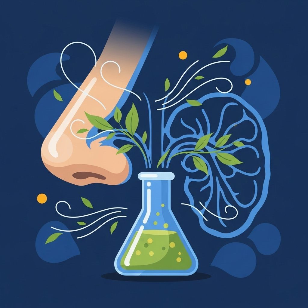 Nariz oliendo hojas aromáticas de un frasco; cerebro y flujo de aire. Ilustración azul y verde.