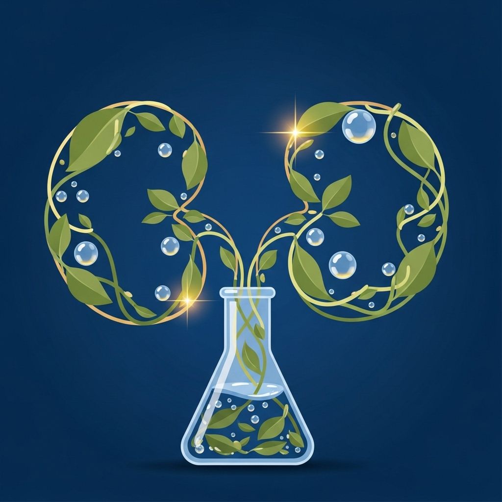 Hojas verdes formando riñones conectadas a un matraz, con fondo azul.