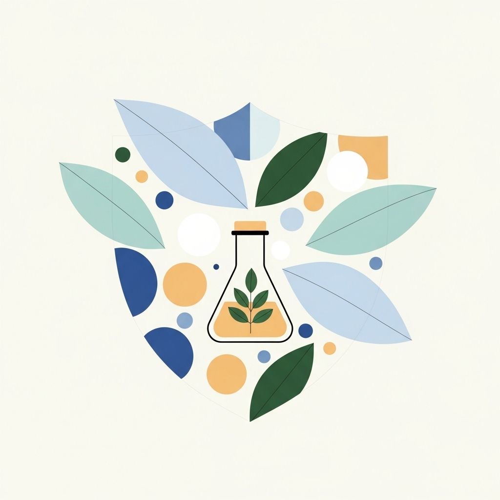 Matraz de laboratorio con icono de planta, rodeado de hojas, formas y puntos, en tonos de azul, verde y naranja.