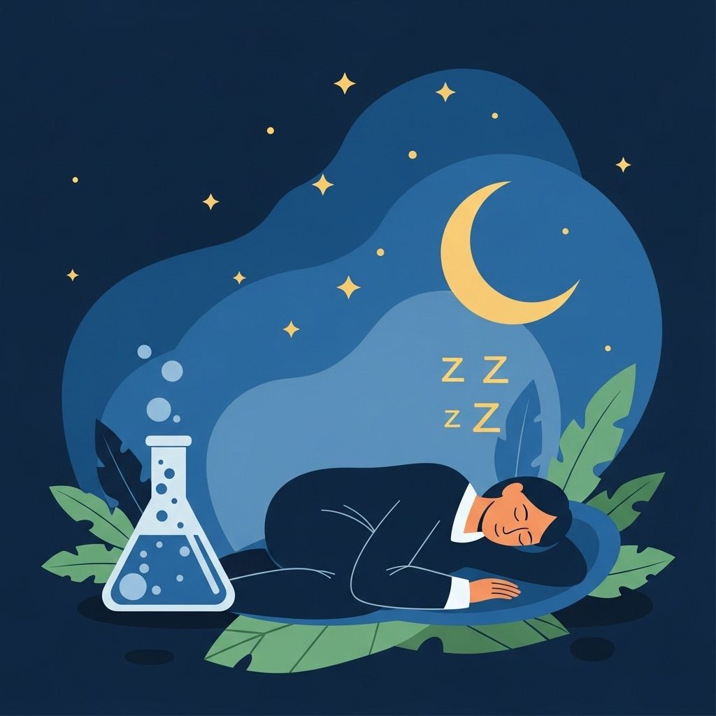 Persona durmiendo cerca de un matraz de laboratorio bajo un cielo nocturno con una luna creciente.