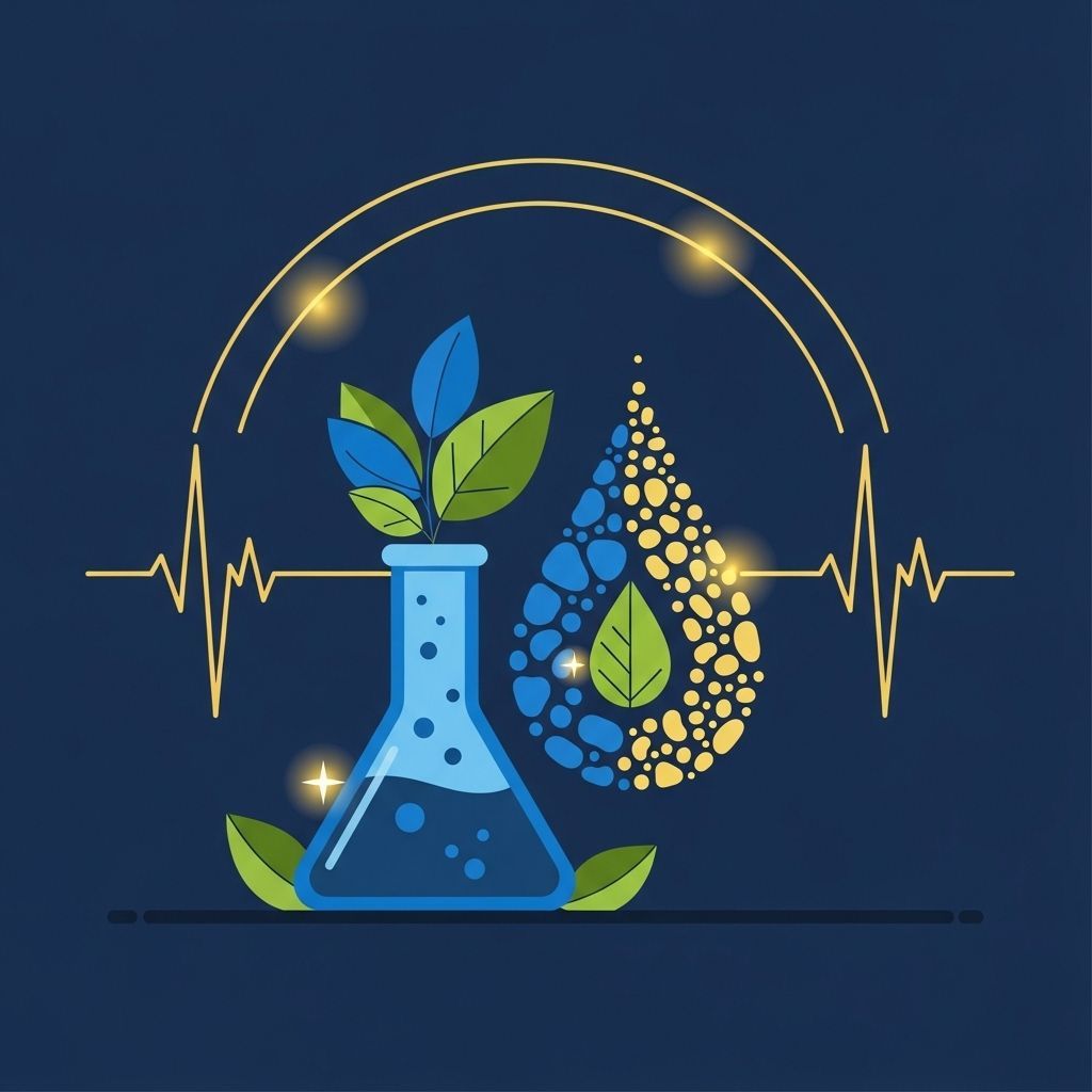 Vaso con hojas, gota de agua y línea de latidos del corazón, que simboliza la química verde.