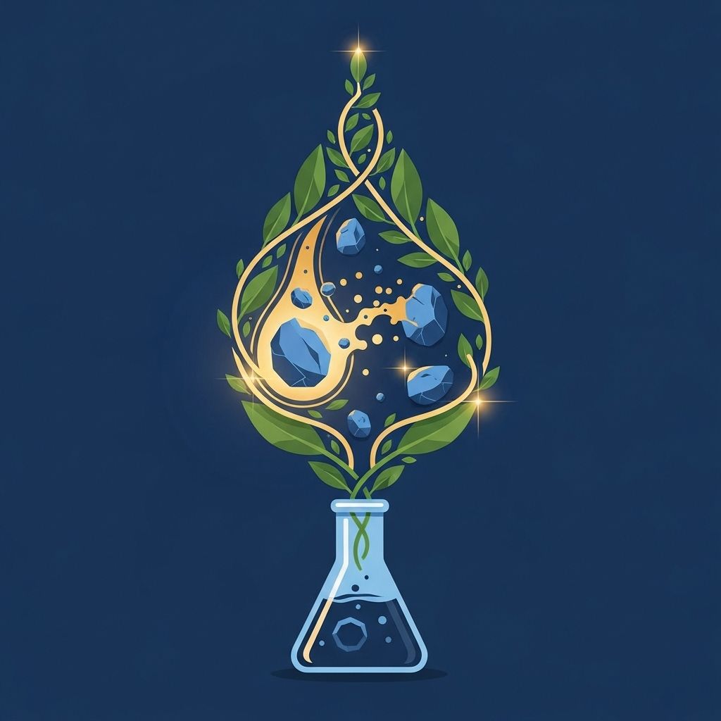 Matraz de laboratorio con una planta creciendo, que contiene rocas y una forma de media luna brillante.