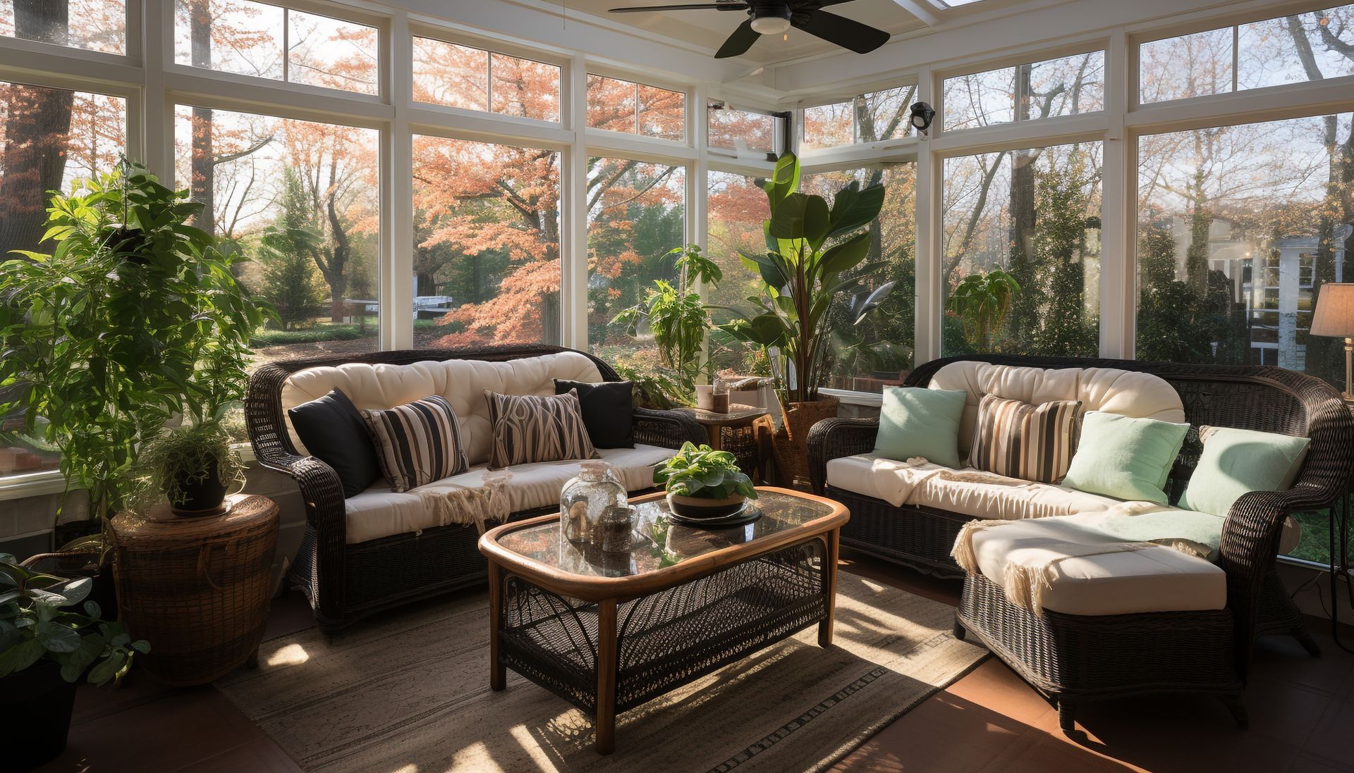 A man is sitting on a couch in a living room with a lot of windows.