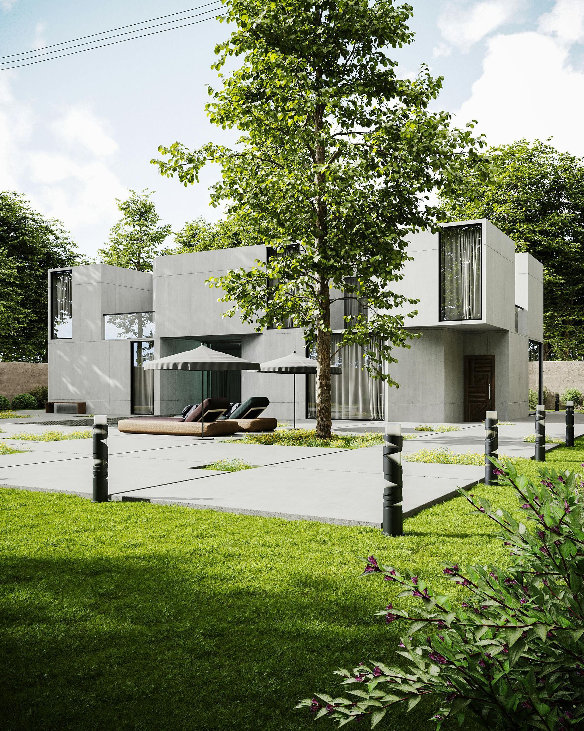 A modern house with a large lawn in front of it