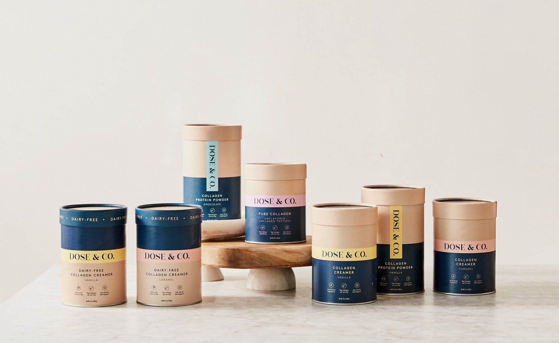 An image featuring Dose & Co's range of collagen and protein supplements