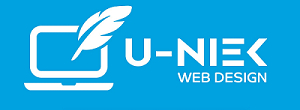 Logo voor U-Niek Web Design; toont een laptop met een veer in het wit op een blauwe achtergrond.
