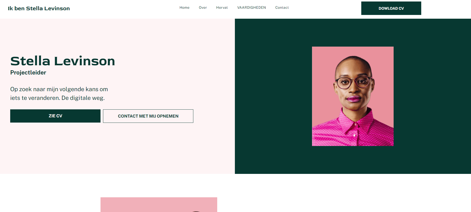 Een website met een foto van een kale man in een roze shirt en een bril.
