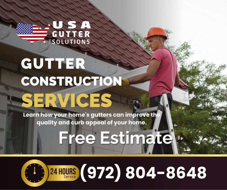 A man is standing on a ladder installing gutters on a roof.