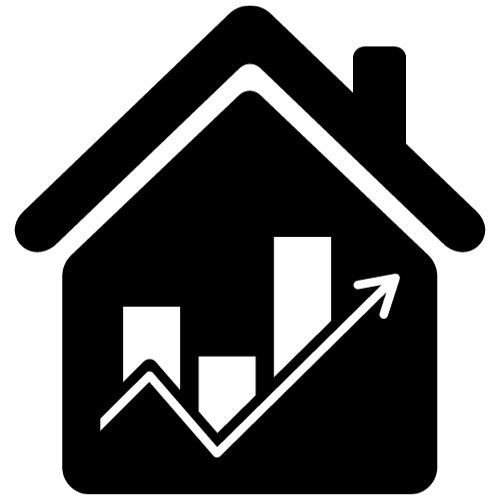 a black and white icon of a house with a graph inside of it .