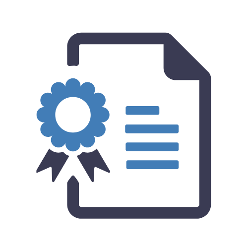 An icon of a certificate with a blue flower and ribbon.