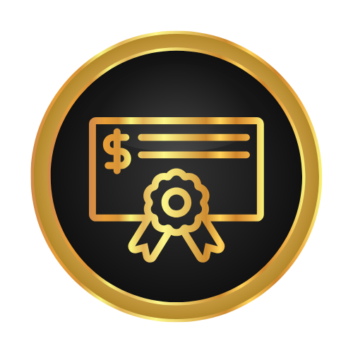 A gold icon of a check with a dollar sign and a ribbon.
