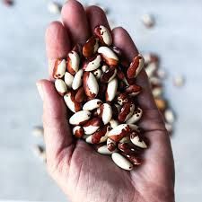 A pile of purple beans with green spots on them