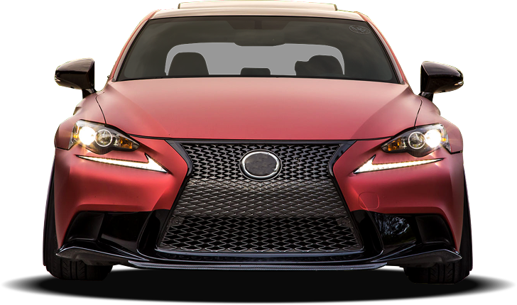 Red Lexus sedan, front view, black grille, daytime.