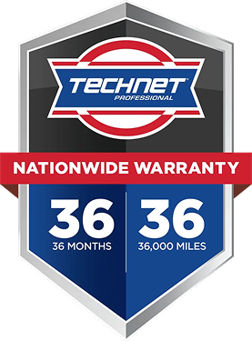 Technet Professional warranty badge. 36 months / 36,000 miles nationwide warranty. Blue, red, and white.