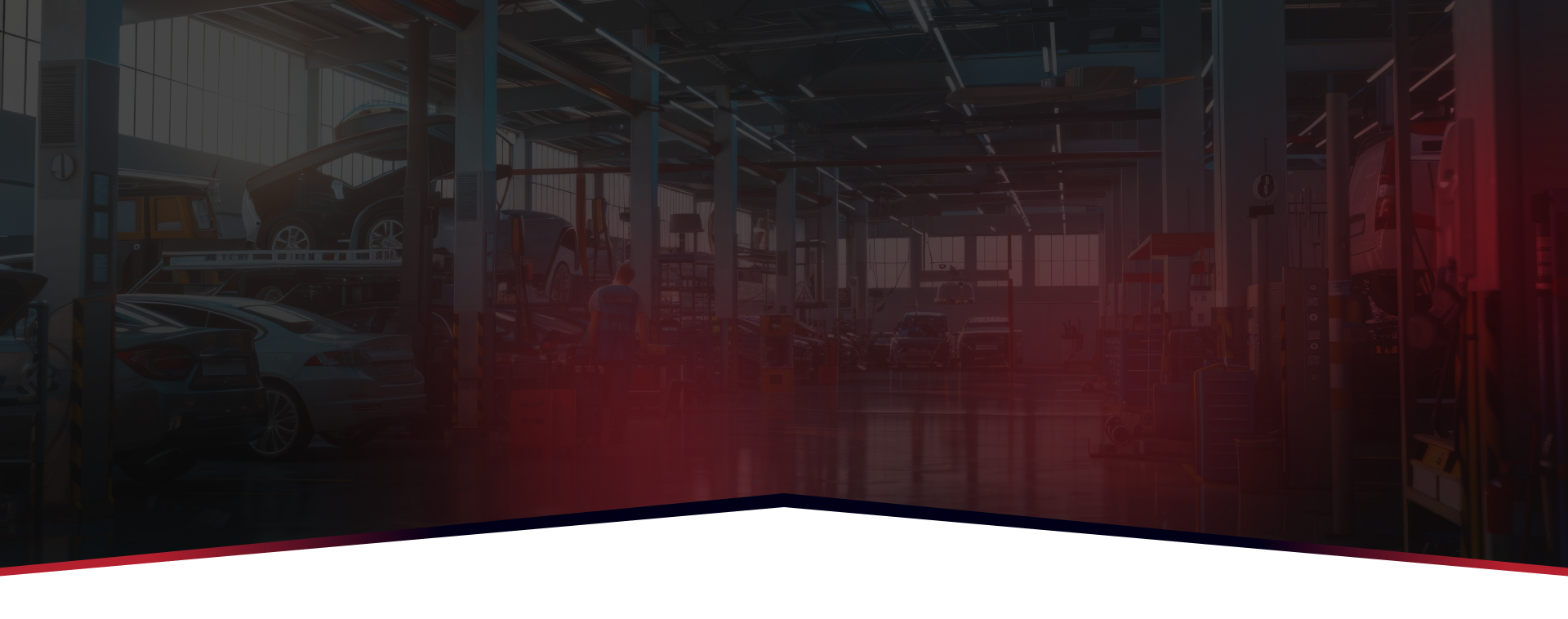 Inside a dark warehouse. Red and black color tones. Perspective view with an arc-shaped bottom.