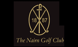 A logo for the nairn golf club with a black background