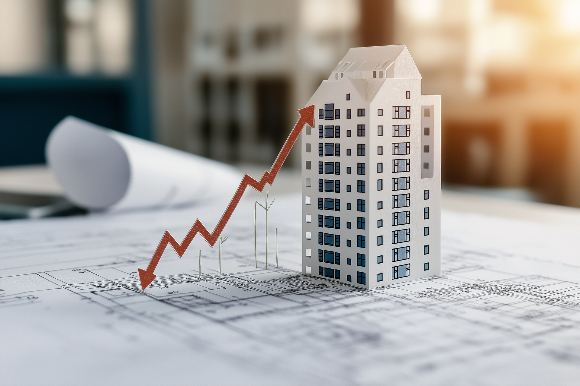 A model of a building with an arrow pointing up on a blueprint.