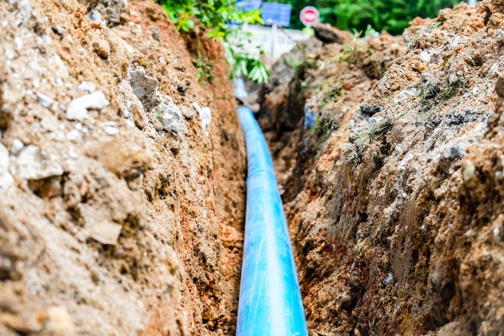 A Blue Water Pipe is Being Installed in a Trench — Mainline Plumbing & Civil Pty Ltd in Dubbo, NSW