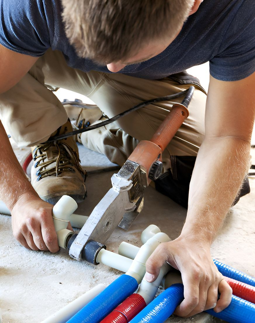 A Man is Kneeling on the Floor Working on Pipes — Mainline Plumbing & Civil Pty Ltd In Brewarrina, NSW