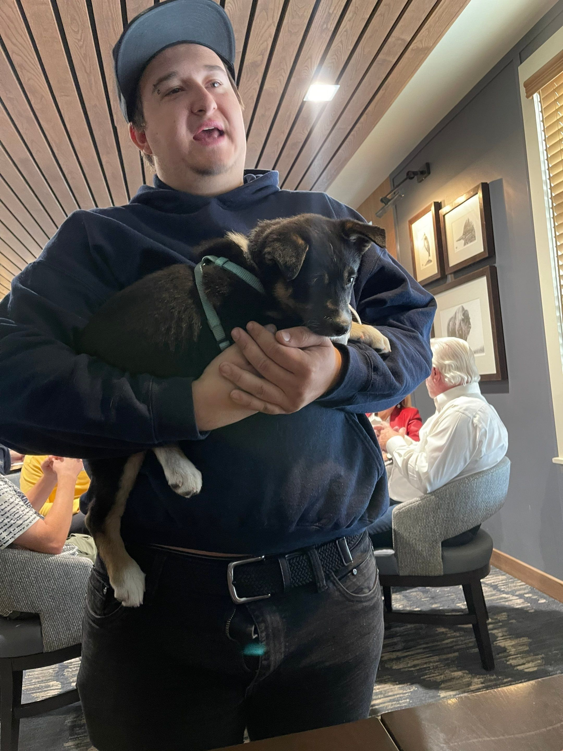 Person holding a small black-and-tan puppy indoors in a cafe.