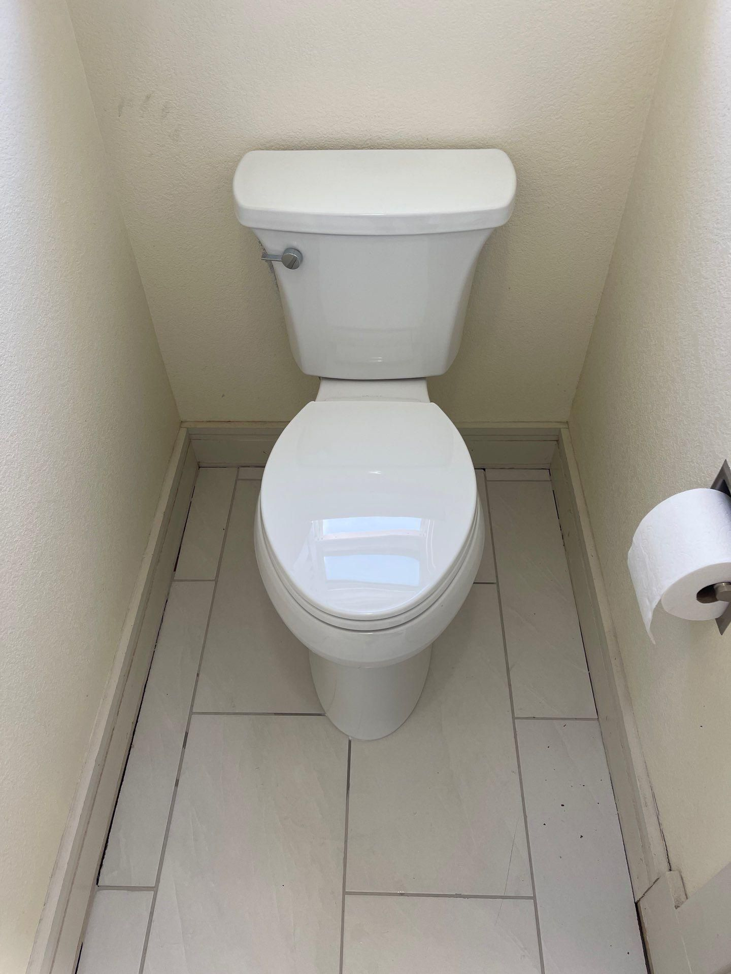 Small white toilet in a narrow beige restroom stall with toilet paper on the right.