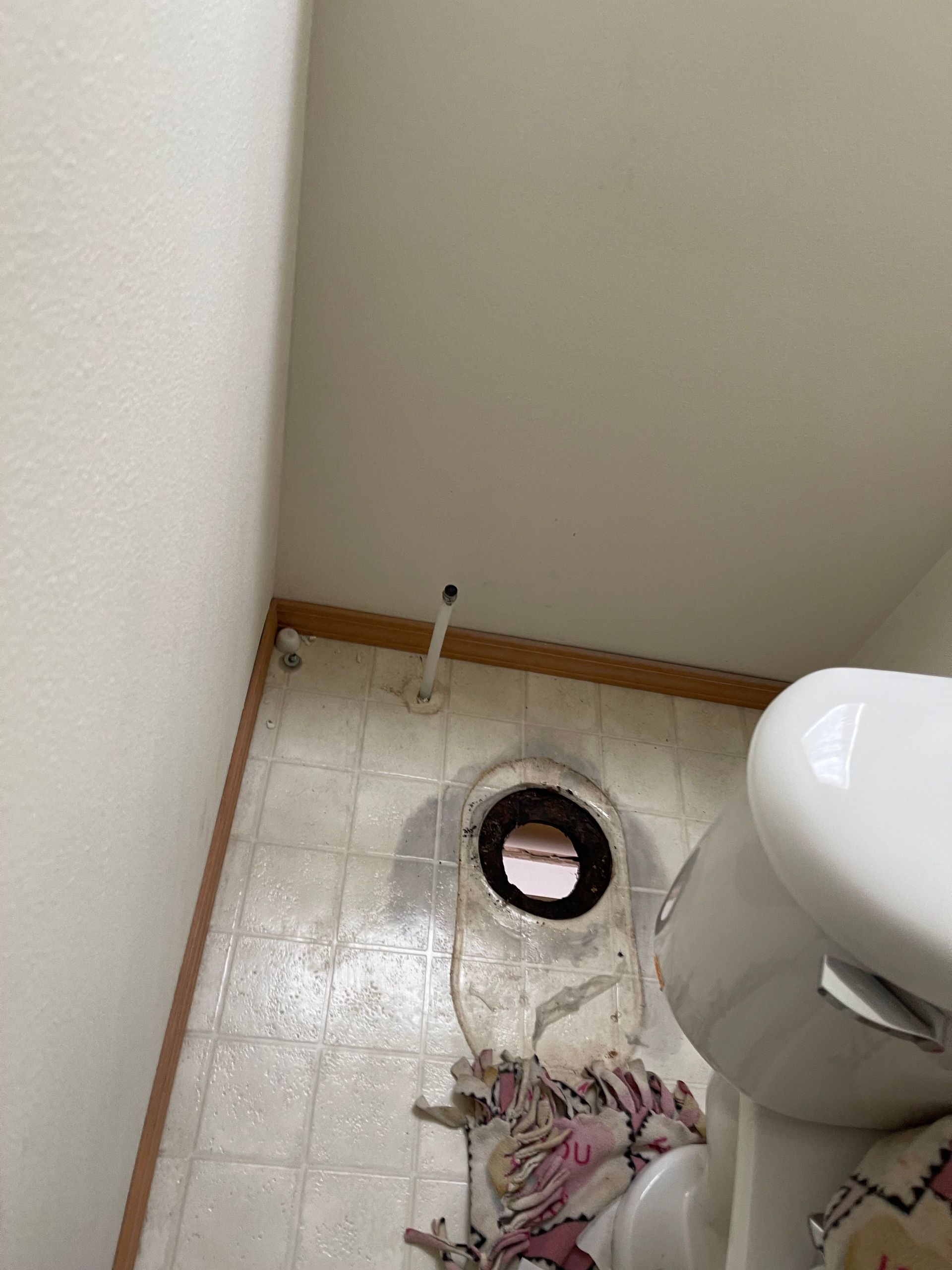 Bathroom floor with a toilet bowl and a clear spill near a cloth on the tile floor