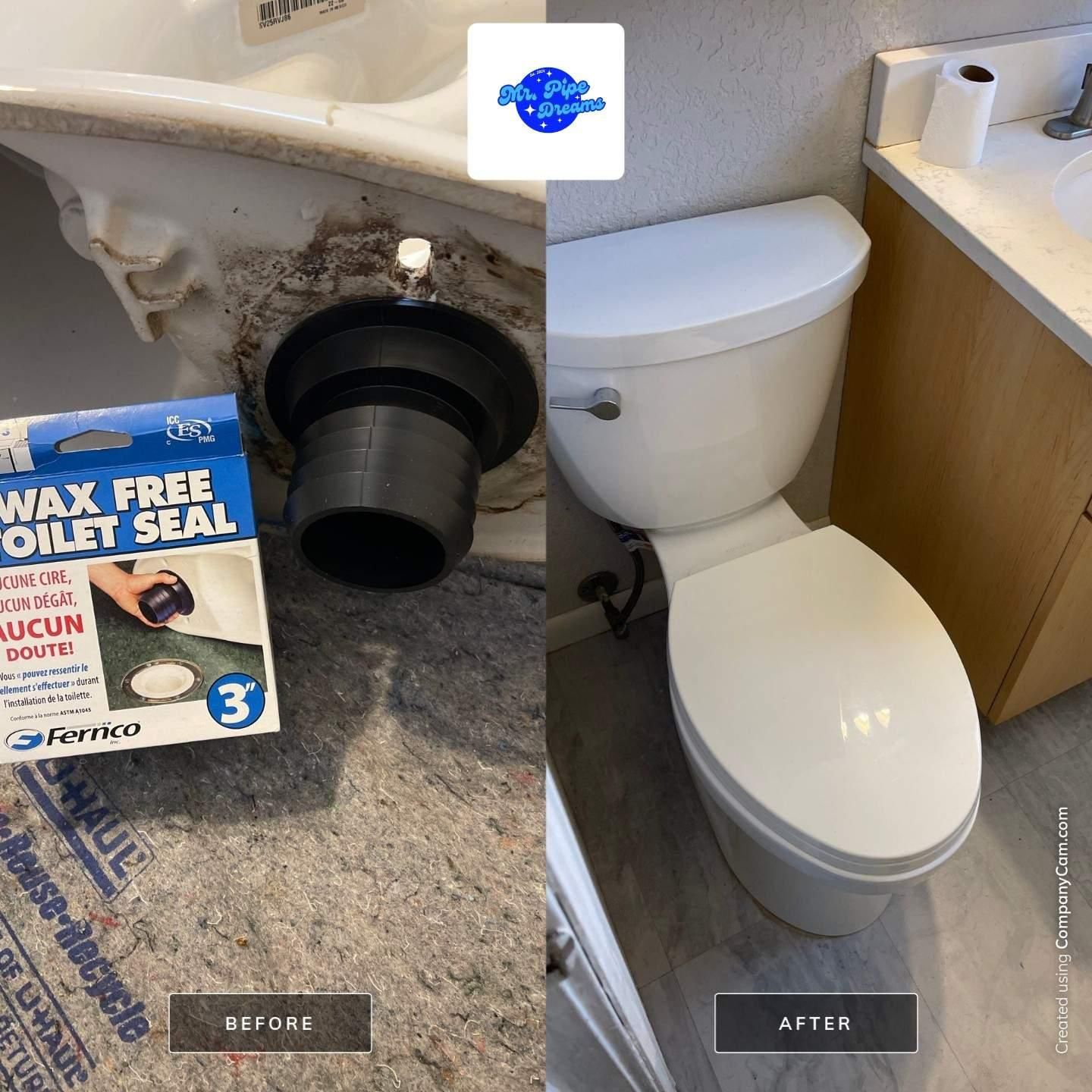 Before-and-after bathroom toilet repair showing a broken wax seal replaced with a functioning toilet.