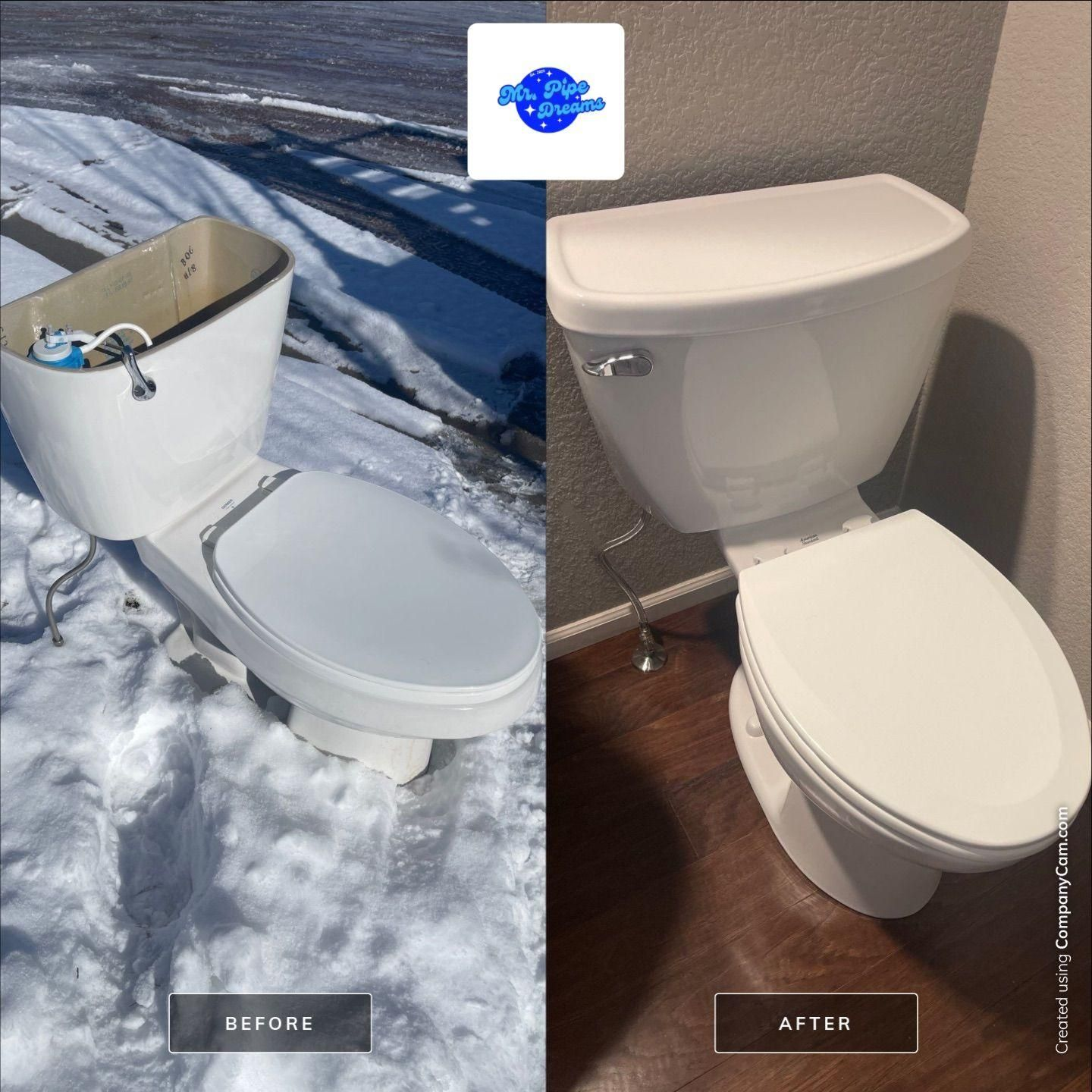 Before-and-after toilet installation in a home bathroom, showing a snowy outdoor placement and an indoor finished install.