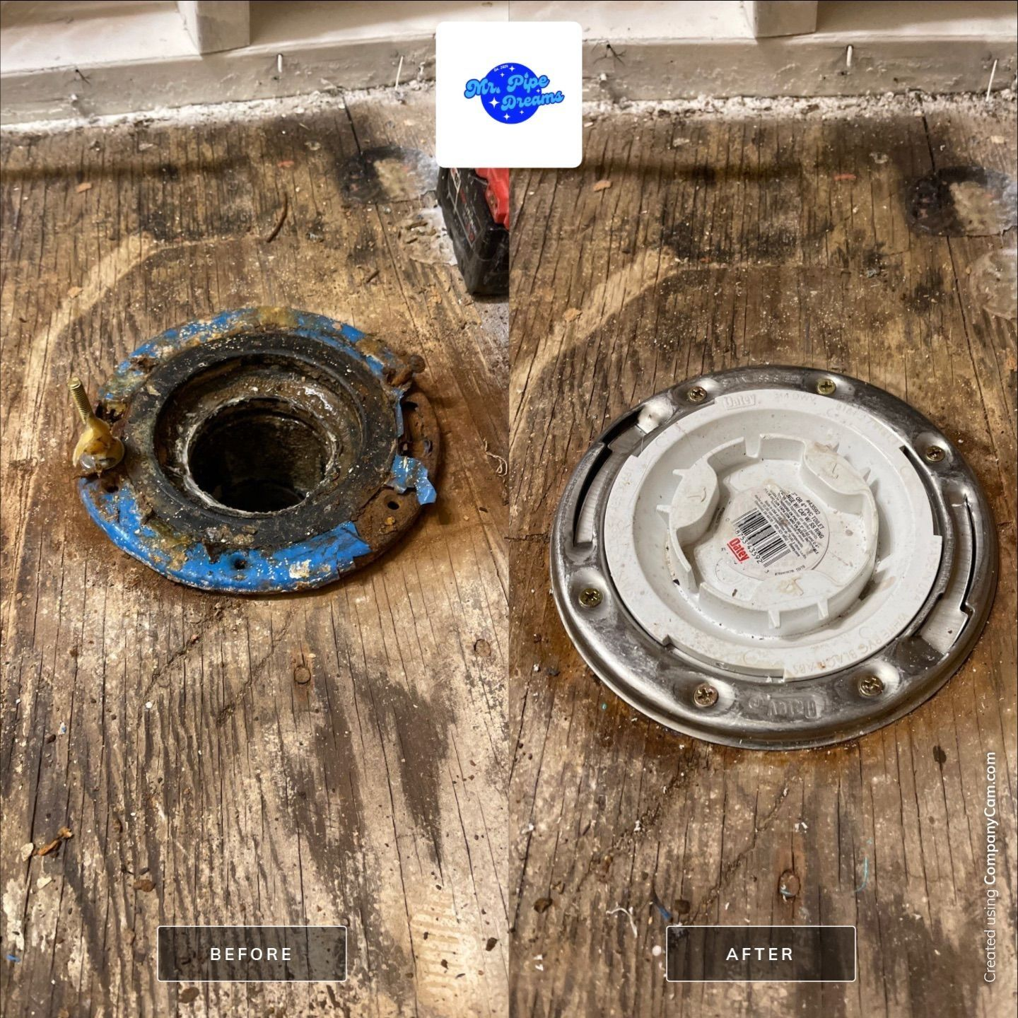 Before-and-after view of a rusty drain flange replaced with a clean white cover on a dirty countertop.