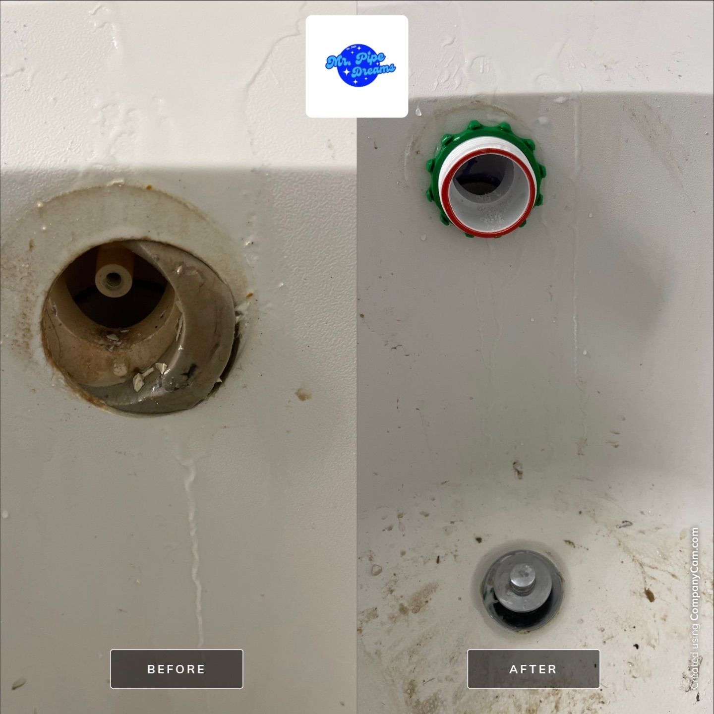 Sink basin with a missing left drain and a small right drain opening marked before and after.