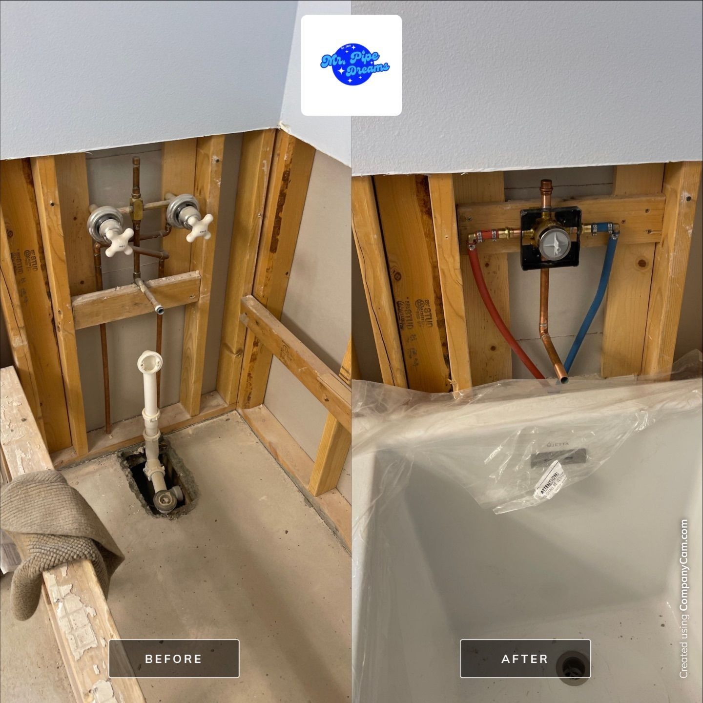 Before-and-after bathroom renovation showing open wall plumbing beside a tub.