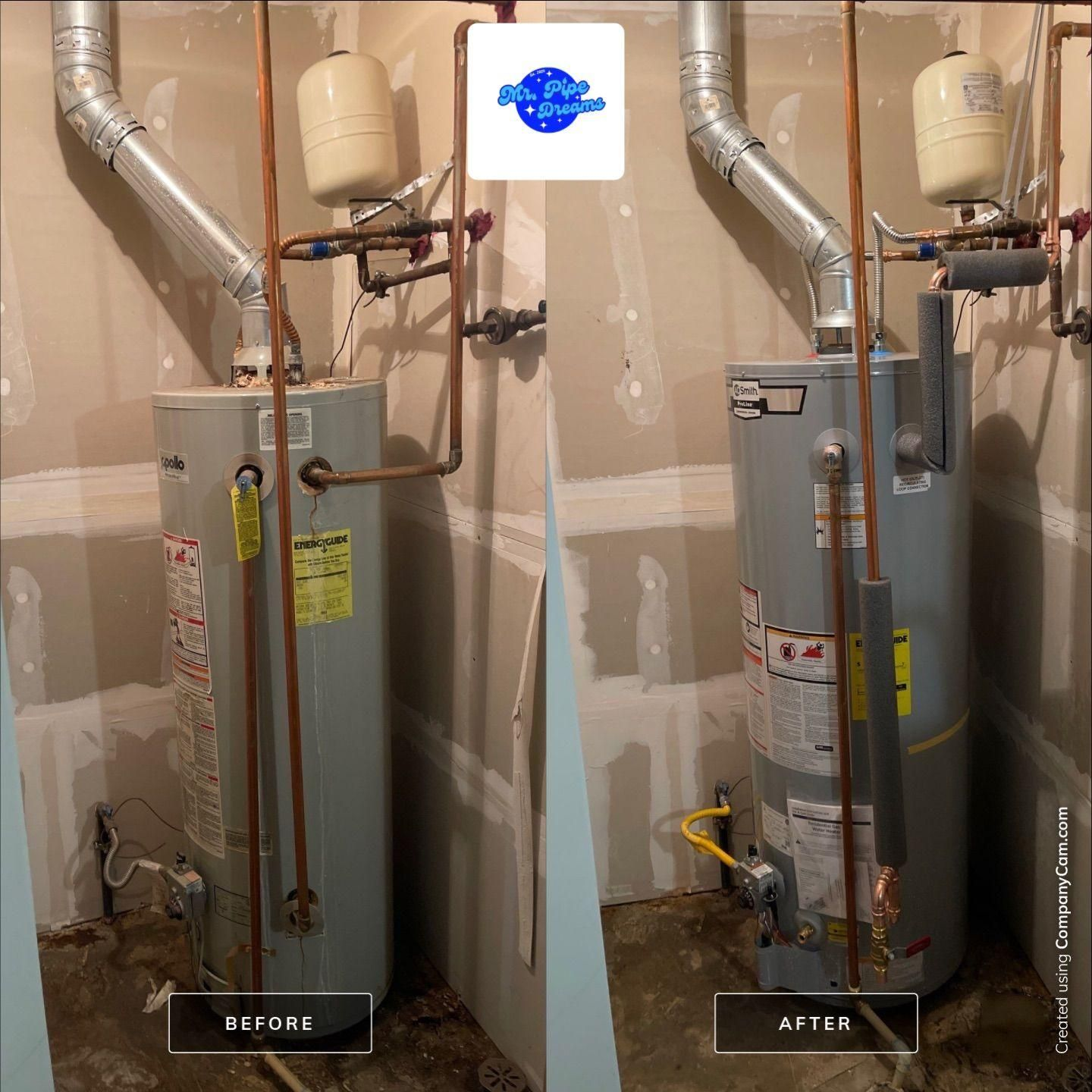 Before-and-after view of a water heater installation in a utility closet, with new venting and piping added