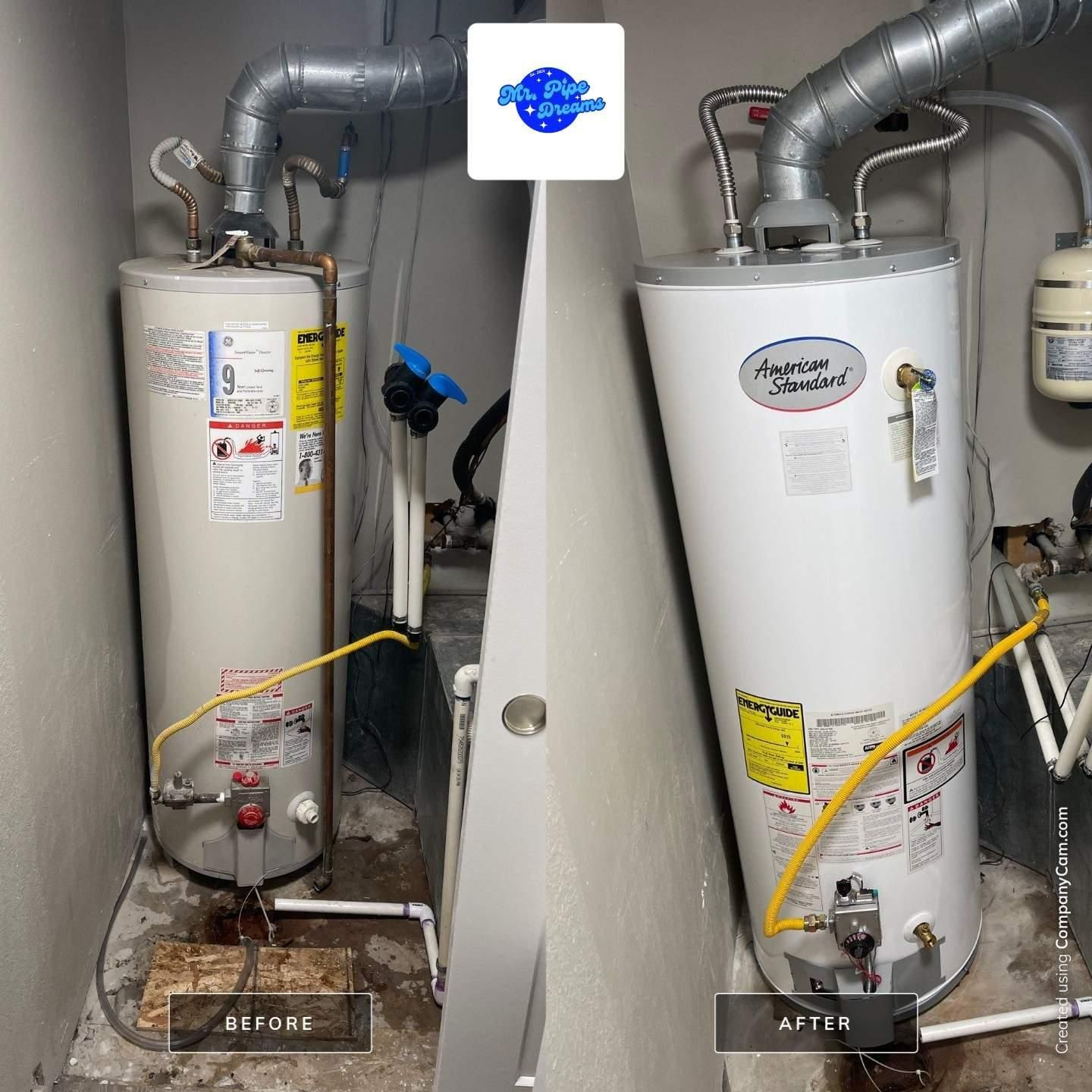Before-and-after photo of a water heater installation with vent piping and yellow gas lines in a utility room