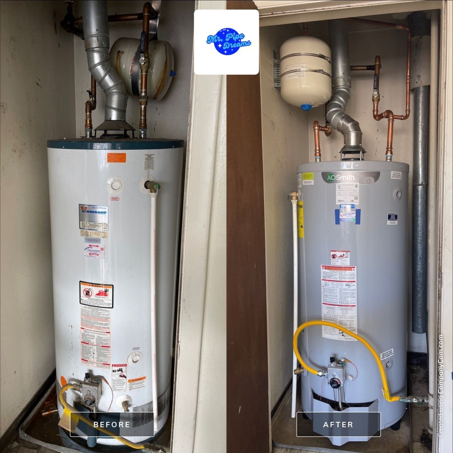 Two water heaters in a utility closet, labeled before and after, with added piping and expansion tank