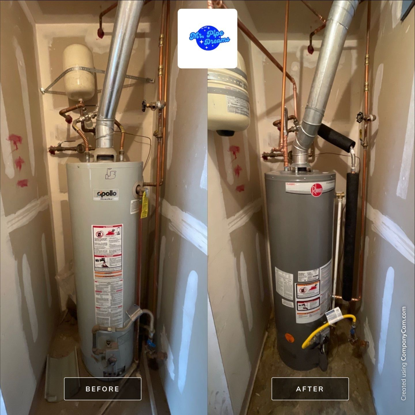 Split-view of a water heater closet labeled before and after, showing a silver tank with upgraded venting.