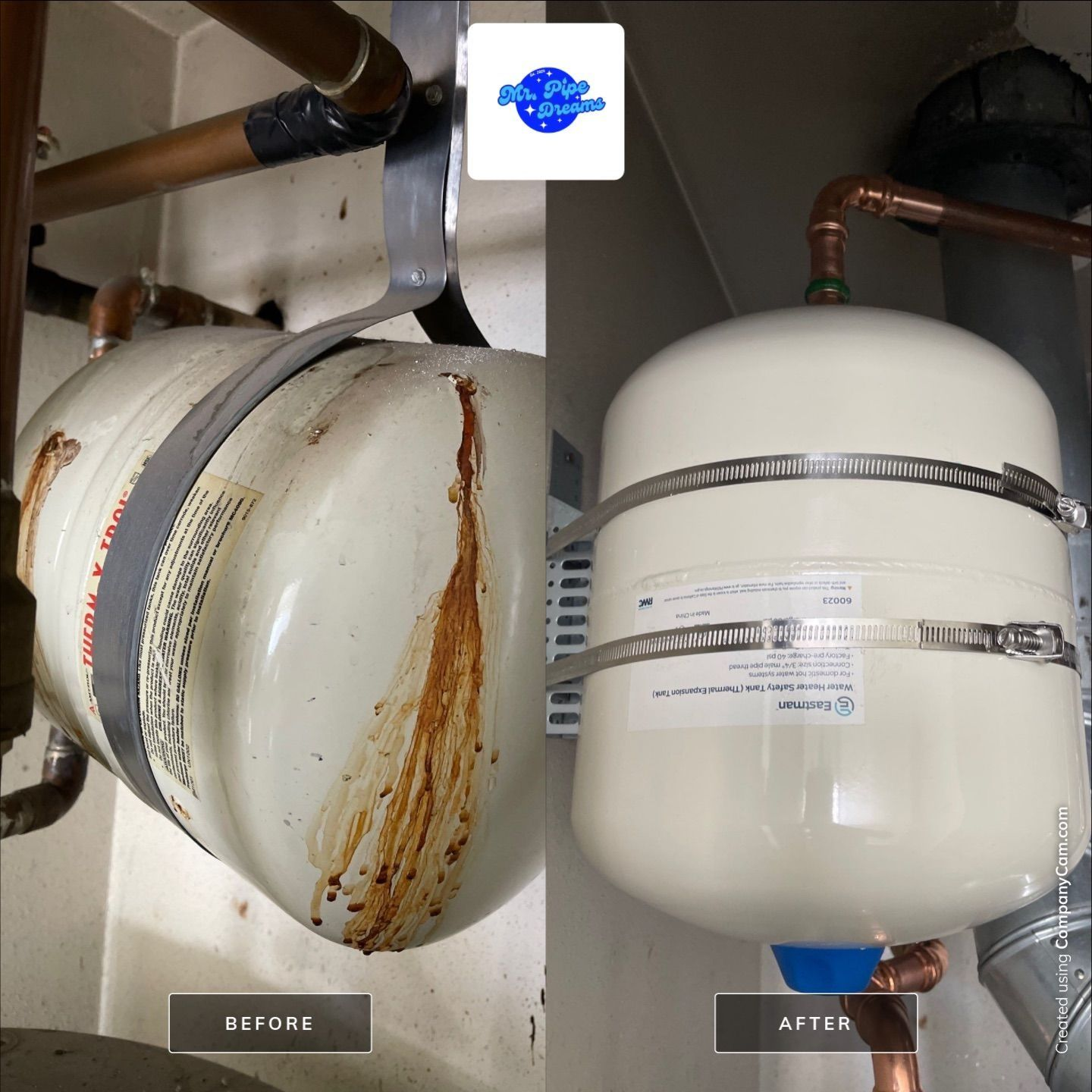 Before-and-after photo of a white tank in a mechanical room, showing rust stains removed.