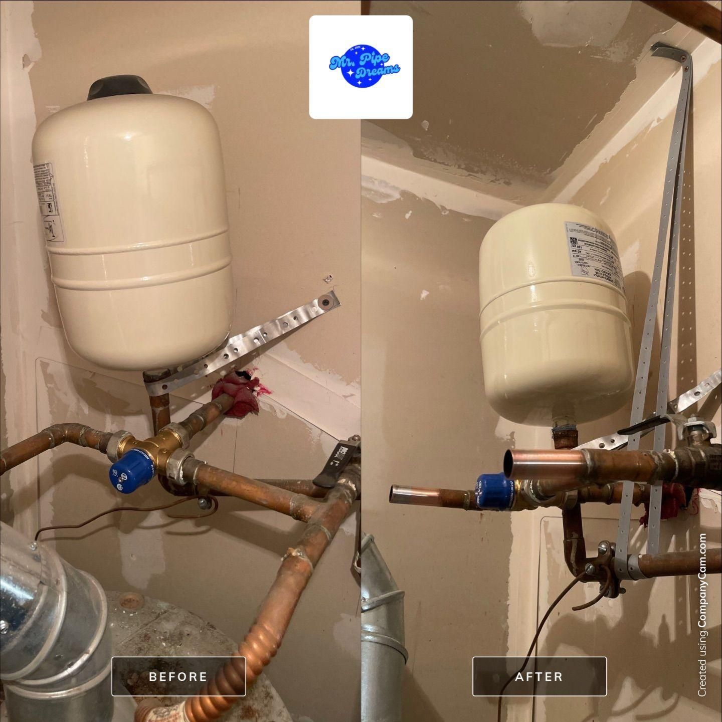 Before-and-after plumbing under a sink, showing updated copper pipes and two beige expansion tanks.