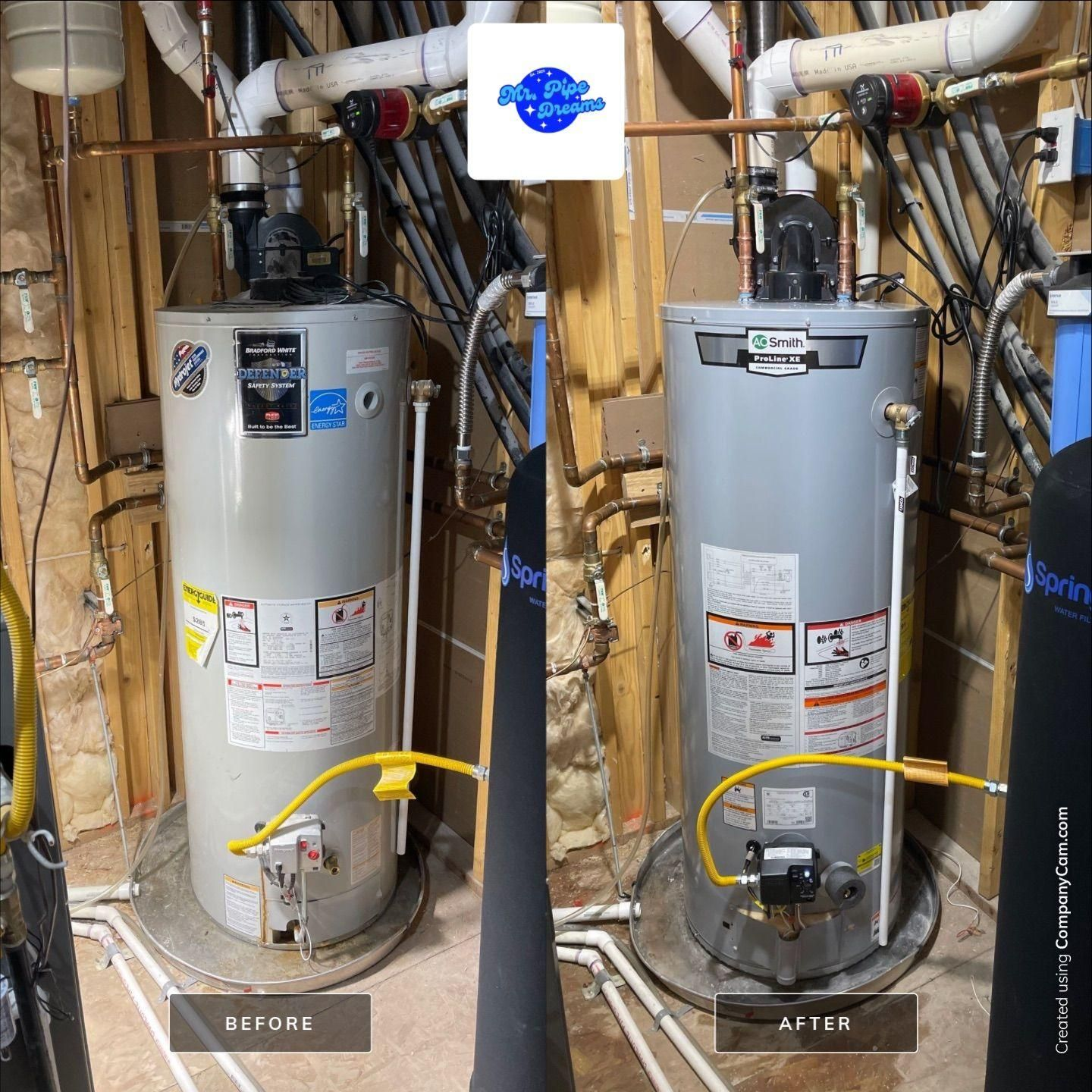 Side-by-side water heater comparison labeled “before” and “after,” with a highlighted yellow pipe/valve change.