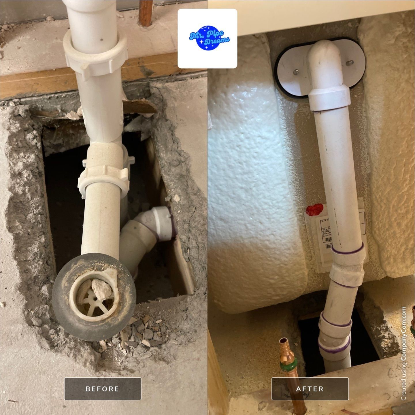 Before-and-after of a plumbing pipe leak repair under a sink, showing exposed pipe on left and finished wall on right