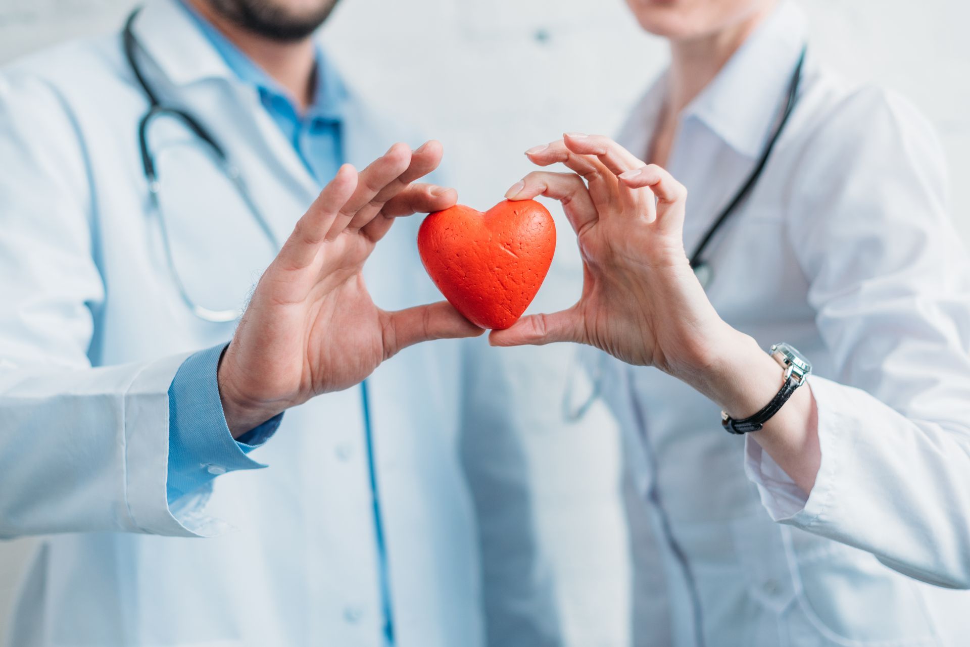 A man and a woman are holding a red heart in their hands.