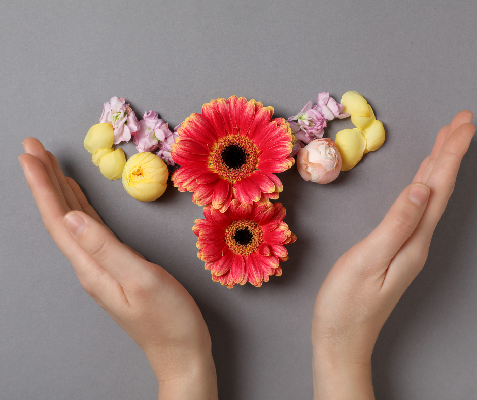 A pair of hands gently framing a floral arrangement shaped like a uterus