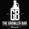 A logo for the growler bar with a jug of beer on a black background.