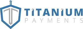 The logo for titanium payments is a blue shield with a t on it.