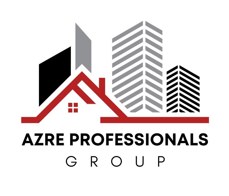 Logo of Azre Professionals Group: Red house roof with city skyline background and text 