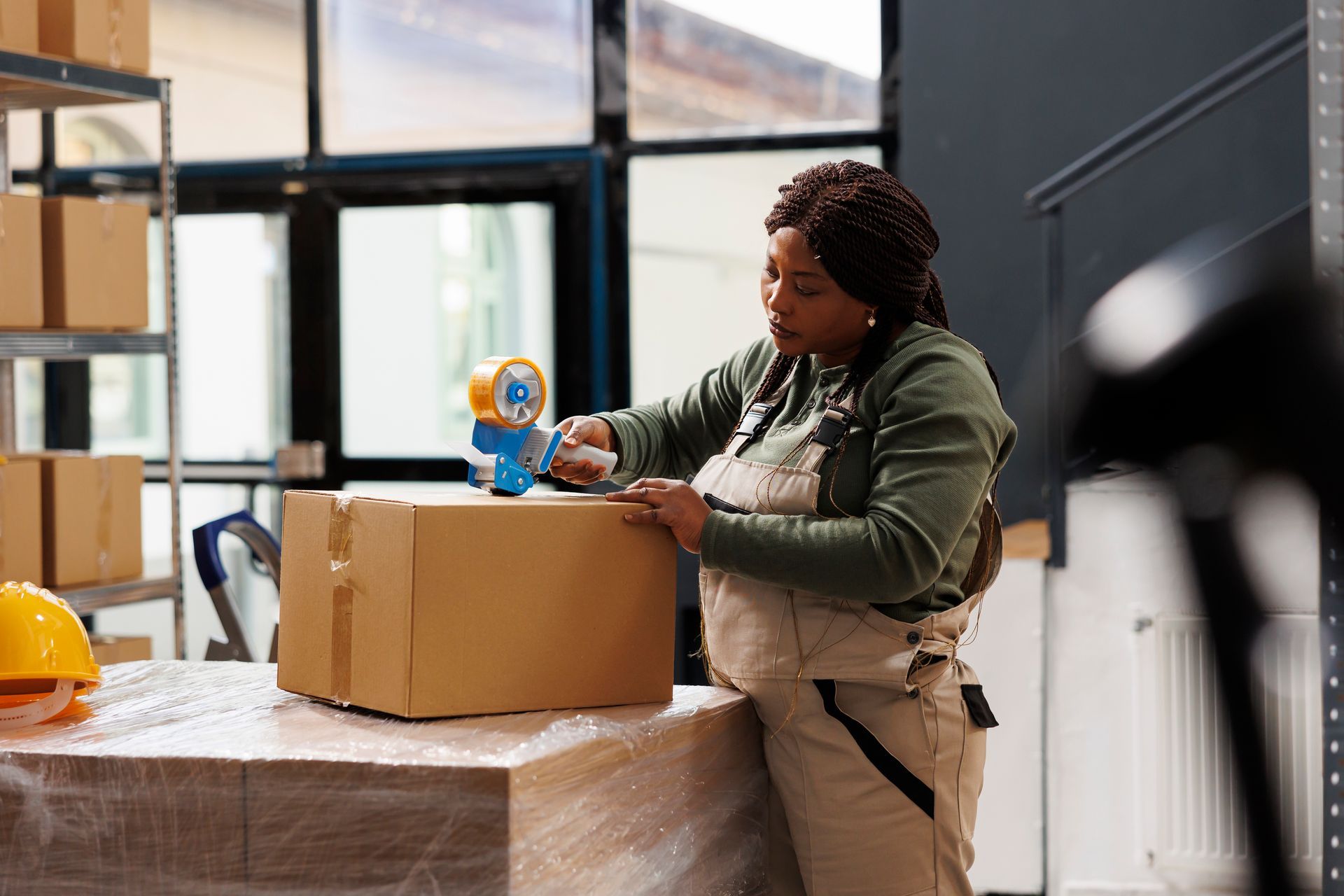 a woman is wrapping a cardboard box with tape in a warehouse .