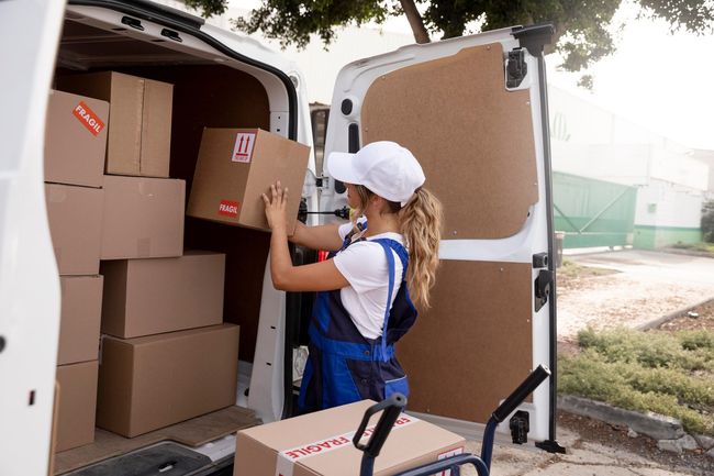 a woman is loading boxes into the back of a van .