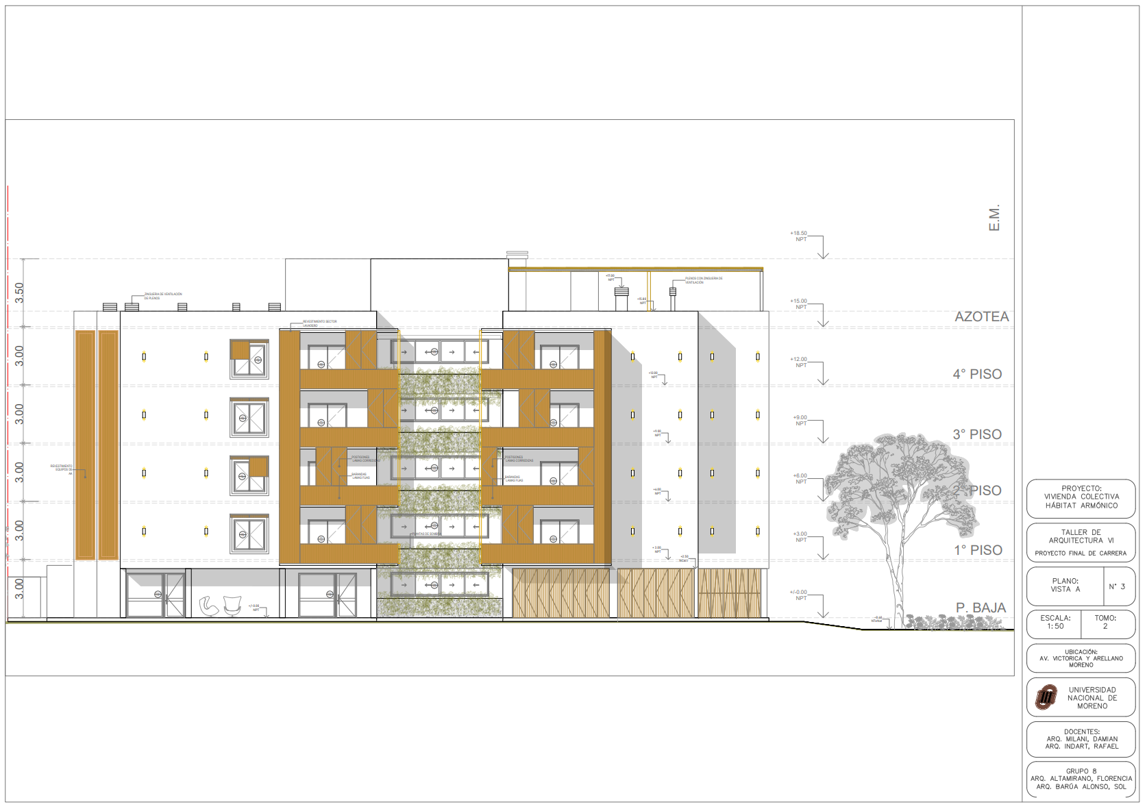 Dibujo de elevación arquitectónica de un edificio de apartamentos de color beige y naranja con un pequeño árbol a la derecha.
