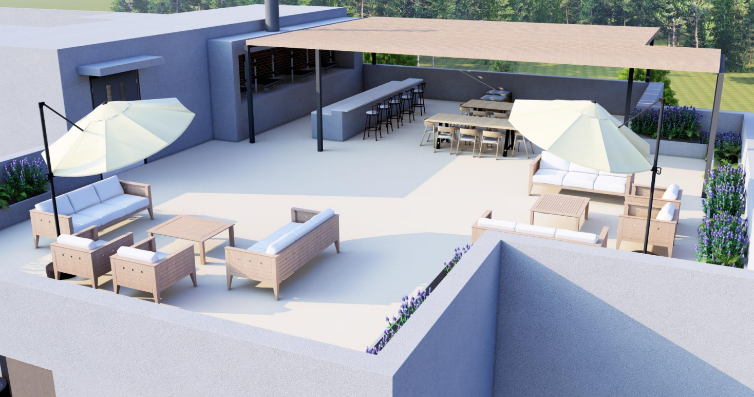 Patio en la azotea con asientos, sombrillas, comedor y cocina al aire libre. Combinación de colores beige y gris.