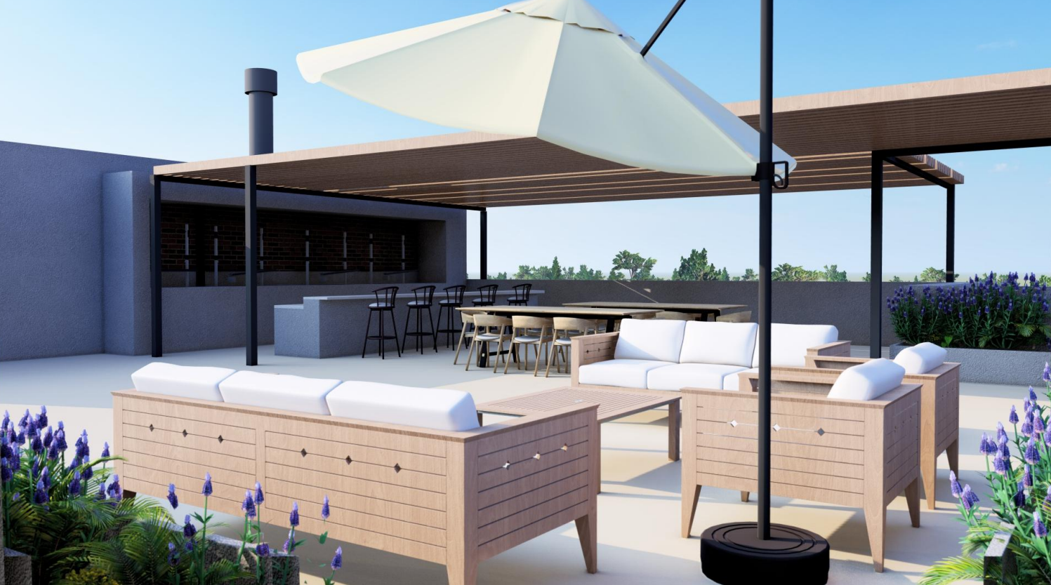 Patio en la azotea con asientos, comedor y parrilla, a la sombra de una pérgola y una sombrilla, con plantas de lavanda.