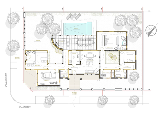 Plano arquitectónico de una casa con piscina y paisajismo.